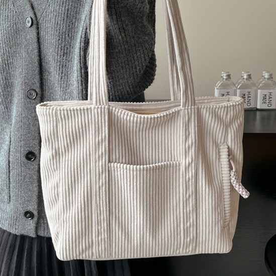 Corduroy large-capacity tote bag, women's commuting to work fabric bag, student class single-shoulder handbag, simple crossbody bag full figure