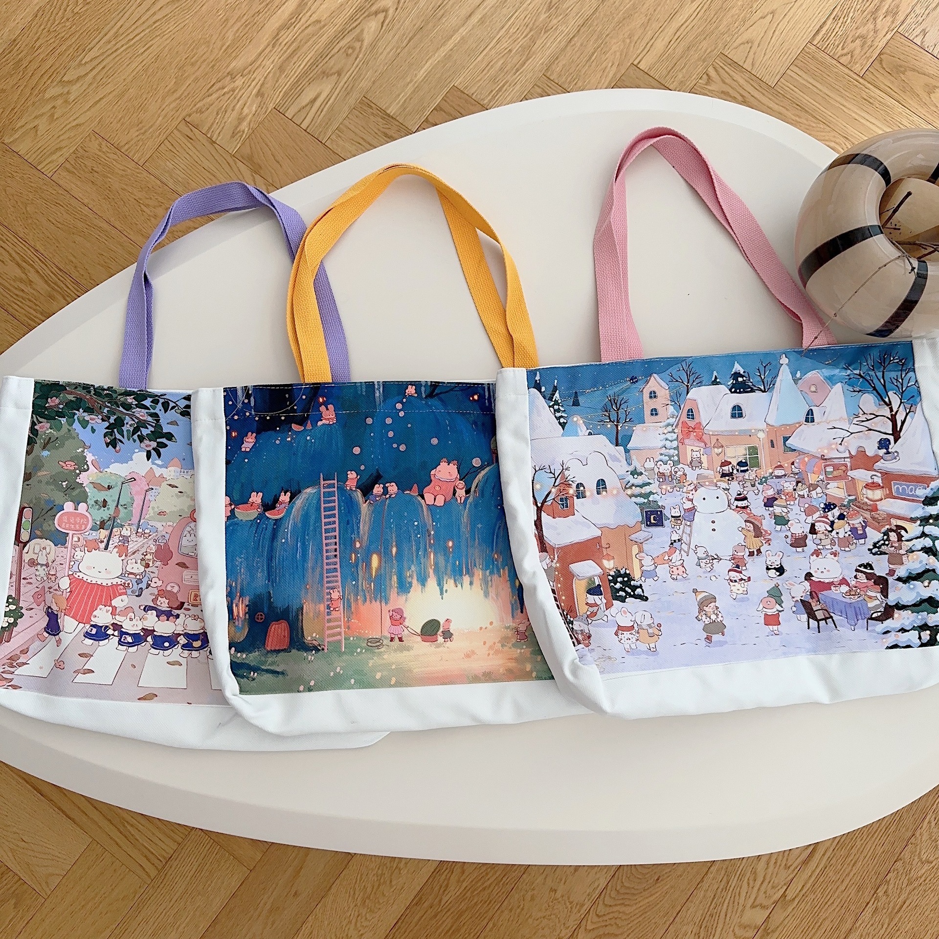 3852 Lady Canvas bag, large capacity, cute cartoon print, versatile shoulder bag, casual bag, simple tote bag full figure