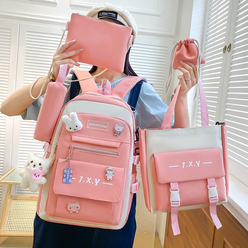 Multi-functional schoolbag for primary and junior high school girls, Korean version, large-capacity backpack, five-piece set, spine support, lightweight backpack, cross-border Specification drawing