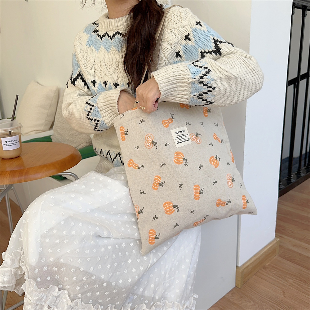 43204 Pumpkin embroidered canvas bag for women, Instagram Korean-style college student schoolbag, single-shoulder hand-carried bag details Picture