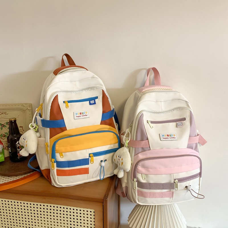 Funny and mischievous girl backpack, American retro high school bag, Harajuku style junior high school student color-blocking campus backpack full figure