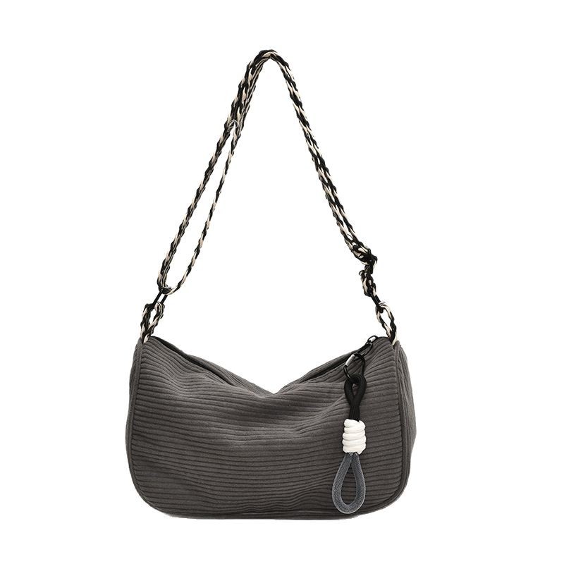 Korean corduroy bag for women, simple and casual, striped fleece single-shoulder bag, solid color, large capacity crossbody bag, hand-held fabric bag Item Picture