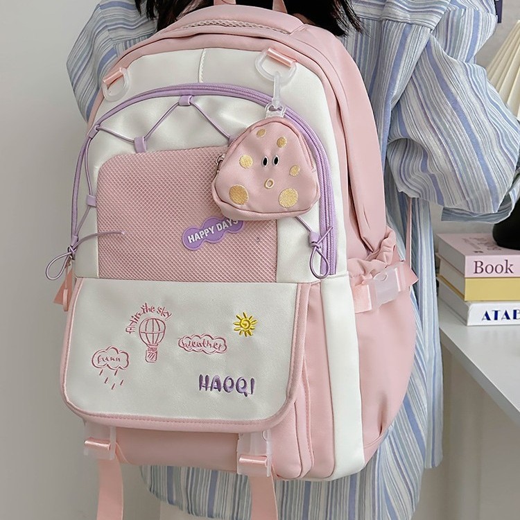 2024 Niche, simple, fresh, lightweight bag, versatile, large capacity, college style, contrasting colors, small backpack for middle and high school shoulders details Picture