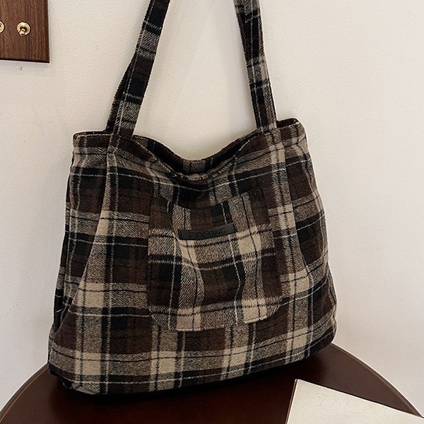 Autumn and winter woolen checkered large bag for women, 2024 new Korean-style tote bag, school-style casual large capacity single-shoulder bag details Picture