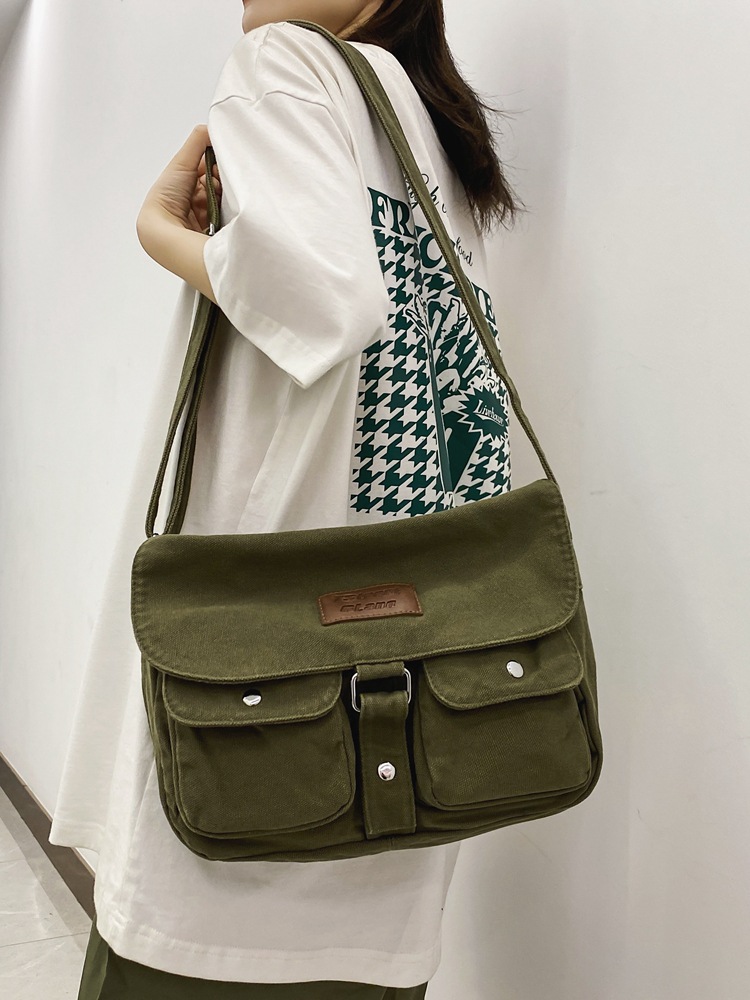 Japanese-style retro canvas crossbody bag, women's trendy brand large-capacity single-shoulder bag, college students' casual workwear style messenger bag full figure