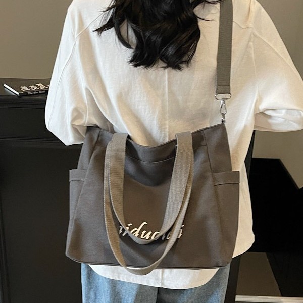 ins Korean style niche design canvas bag, women's high-end large bag, single-shoulder bag, large capacity, versatile commuter tote bag Specification drawing