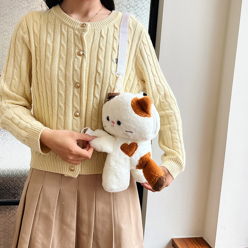 New cartoon three-flower cat slant crossbody bag, cute panda plush doll, double-back backpack, a gift for a girlish heart details Picture