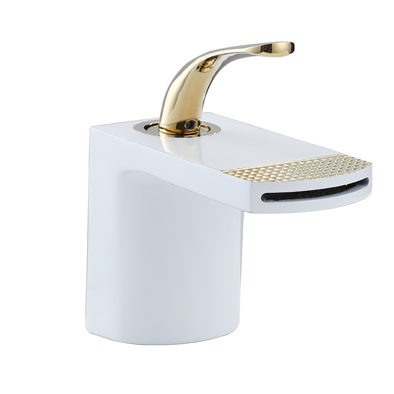 The light luxury waterfall washbasin faucet is rose gold and black. It is a creative white household bathroom sink with cold and hot water faucets Item Picture