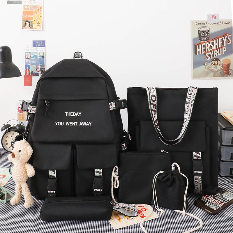 New nylon schoolbag five-piece set, fashionable Korean-style backpack, junior high school backpack, college student backpack, girls wholesale Specification drawing