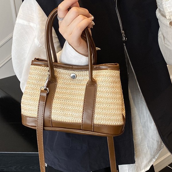 Women's large-capacity woven bag 2025 new style trendy beach vacation single-shoulder bag, hand-held crossbody bucket bag, straw woven bag Specification drawing