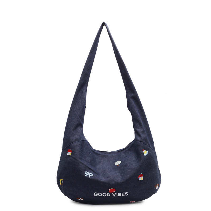 Korean-style embroidered denim crossbody bag for women 2025 new niche large-capacity commuting canvas single-shoulder tote bag Item Picture
