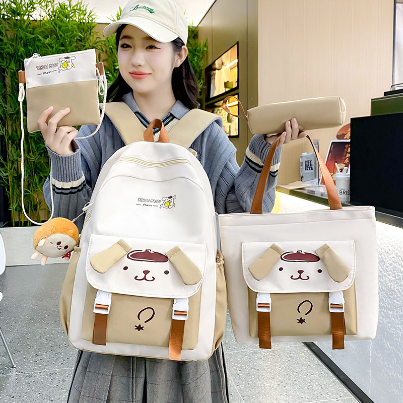 New cartoon cute student schoolbag four-piece set, trendy and fashionable color-blocking backpack, large-capacity casual backpack for women full figure
