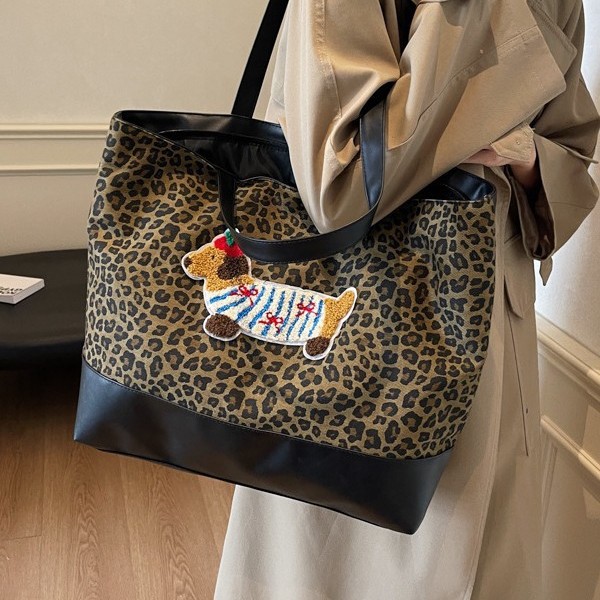 European and American retro style leopard print vertical tote bag, fashionable and cute sausage dog, British style student underarm single-shoulder bag Specification drawing