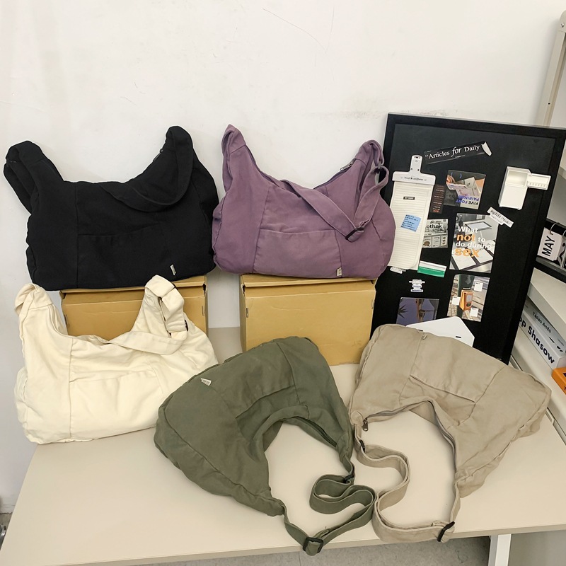 2024 New Japanese-style simple solid color large-capacity single-shoulder bag, ins casual crossbody bag, canvas bag for female college students Specification drawing