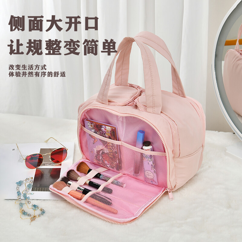 Double-wide four-opening large-capacity fluffy makeup bag, travel portable toiletry bag, multi-functional compartment storage bag for business trips Specification drawing
