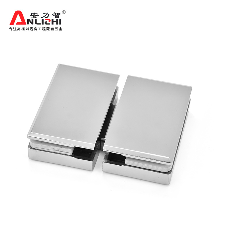 A 304 stainless steel 90-degree arc-edge solid thickened shower room glass door hinge without a notch opening Specification drawing