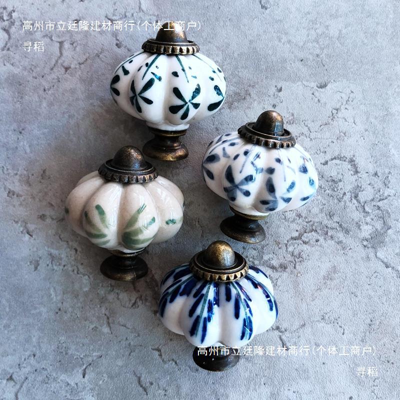 Retro hand-painted ceramic pumpkin small handle, classical blue and white porcelain Chinese five-drawer cabinet drawer cabinet door handle details Picture