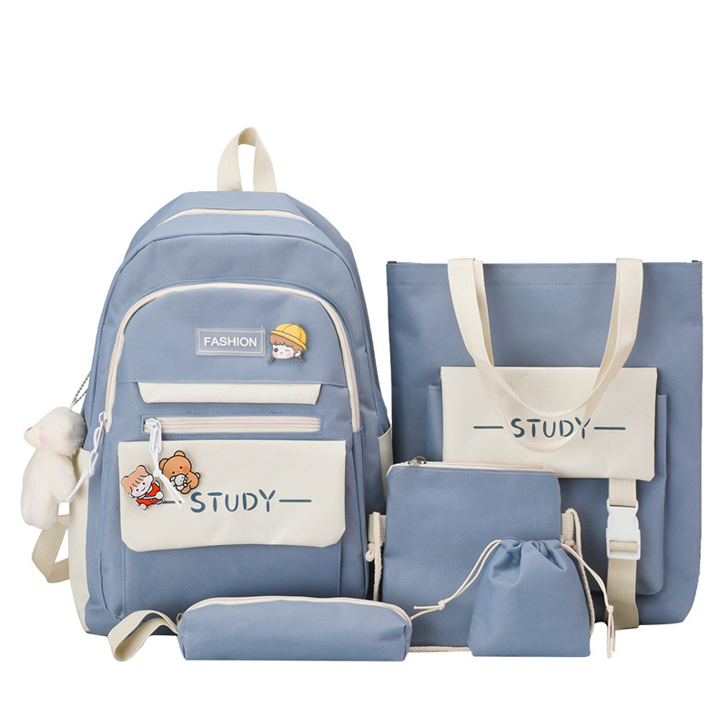 New letter canvas schoolbag for students, five-piece set, large-capacity Korean version ins campus girls' backpack Item Picture