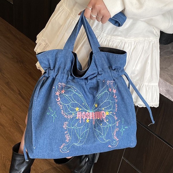 ins exquisite embroidered casual denim small cloth bag, handbag, cosmetics storage, butterfly Spring new single shoulder bag full figure