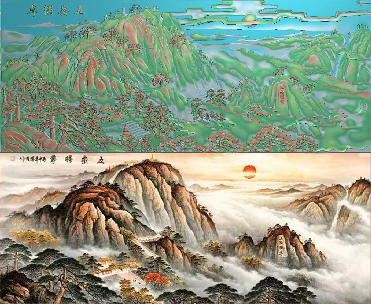 The j8 background wall features a large screen with a relief painting of the Five Great Mountains being the most supreme. The landscape is exquisitely carved with wood and stone carvings. g3 Specification drawing