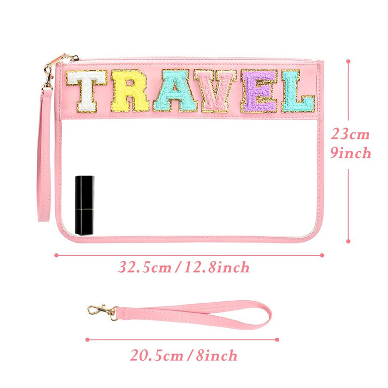 Amazon towel embroidered letter cosmetic bag, transparent pvc waterproof hand-held toiletry bag, portable zipper bag, large details Picture