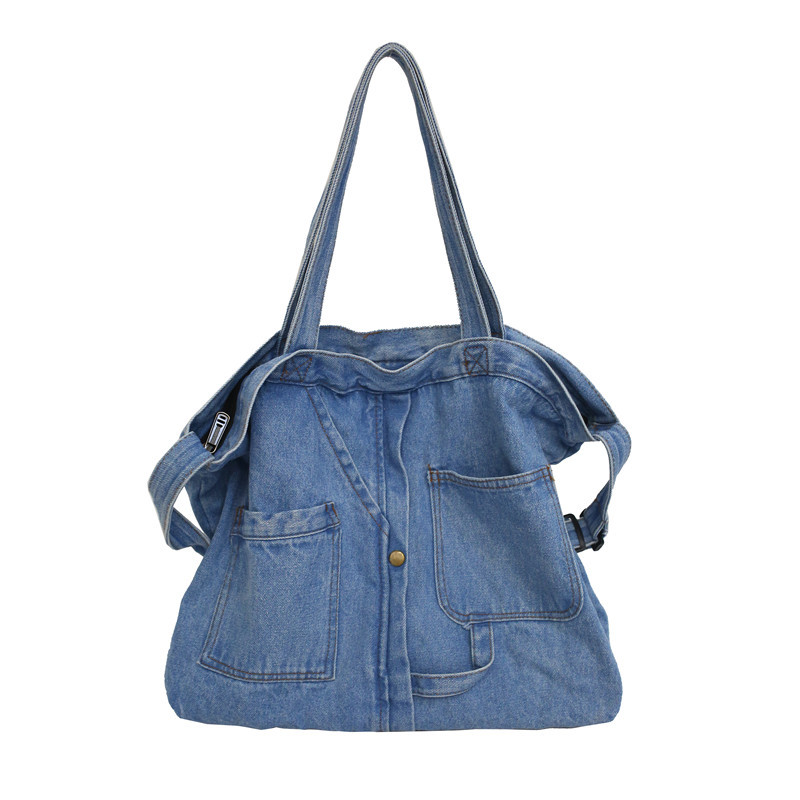 Retro hand-held shopping bag, large-capacity casual denim bag, school-style Harajuku canvas single-shoulder bag, crossbody bag, large bag Item Picture