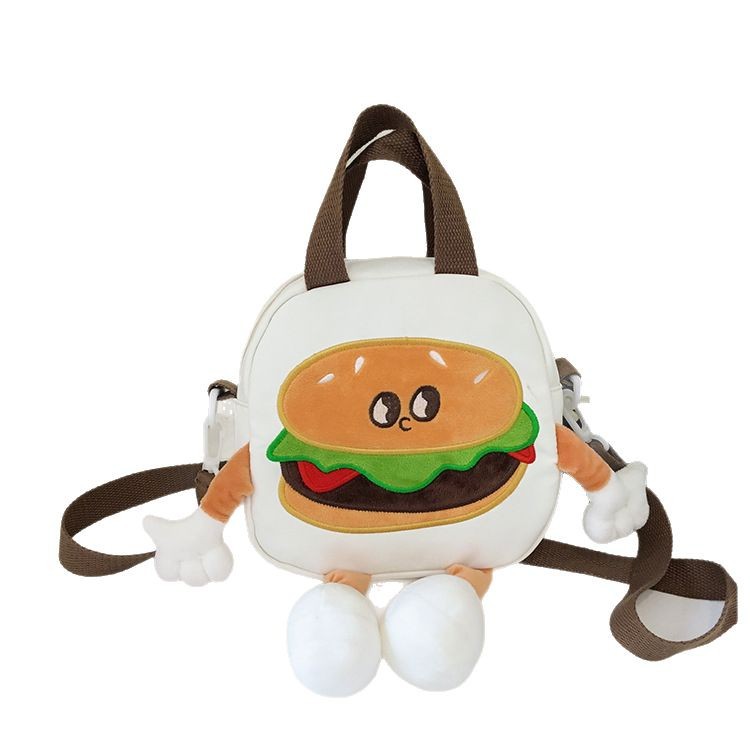 Parent-child cute single-shoulder crossbody bag, girl cartoon plush embroidered hamburger bag, girl hand-held crossbody bag Item Picture