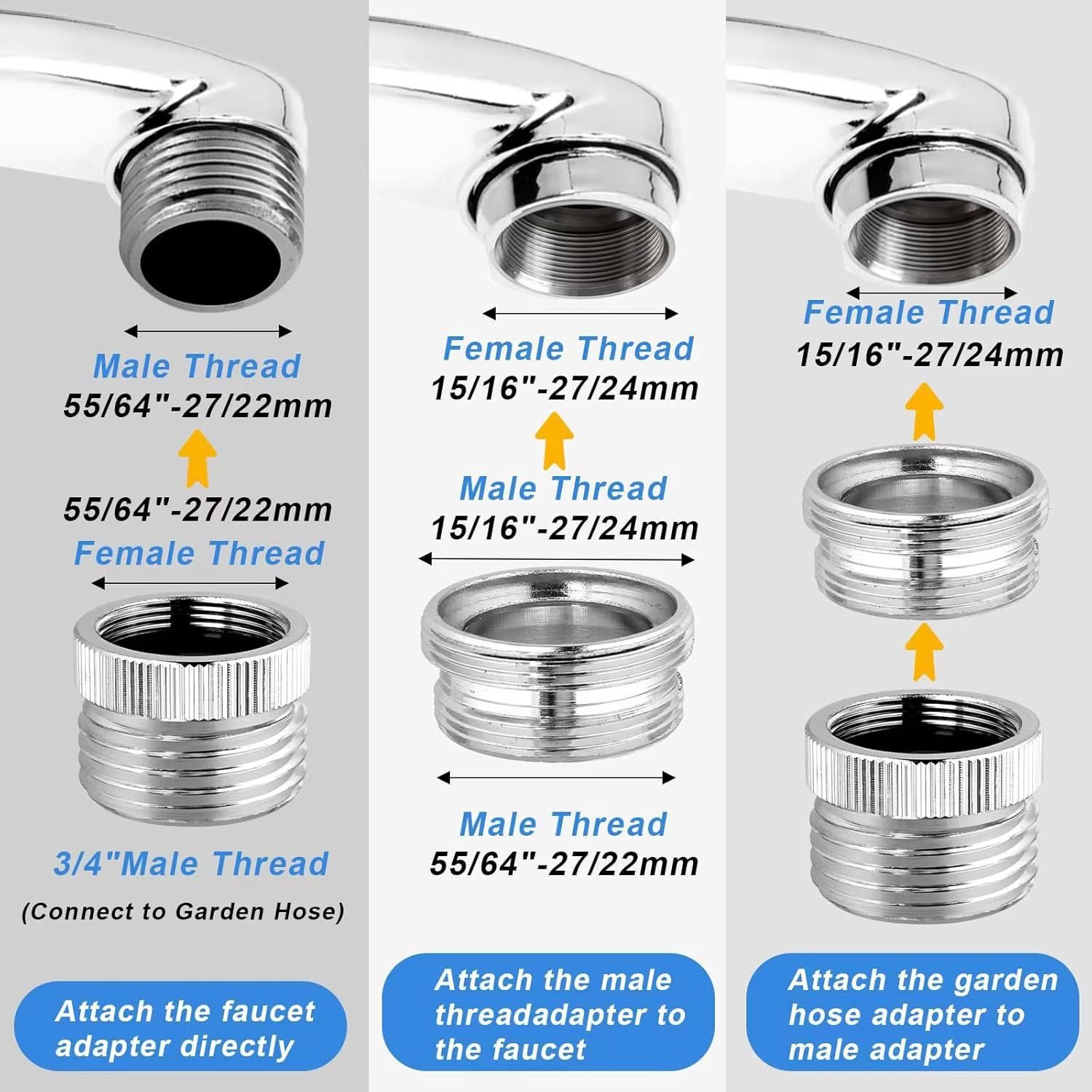The American standard faucet is connected to the garden hose. The inner thread is 22 turns and the outer thread is 3/4GHT. The inner thread of the joint is 22 turns and 6 minutes Application Scenario
