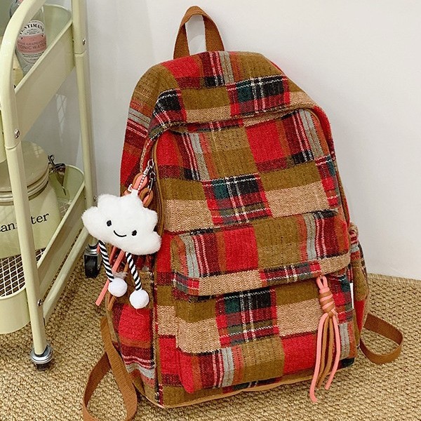 New cross-border backpack for women, retro checkered bag, large capacity, versatile for women, casual travel, student backpack Specification drawing
