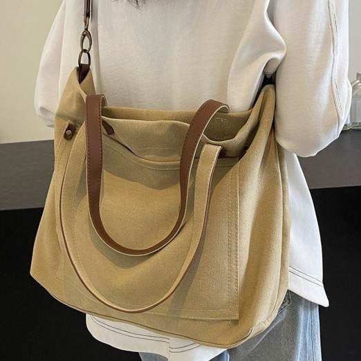 Japanese-style simple canvas bag, women's casual and artistic large-capacity tote bag, college student commuting single-shoulder crossbody bag details Picture