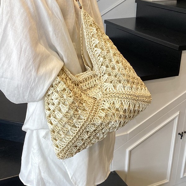 New color-blocking 2025 popular bestsellers, large-capacity woven bag, versatile and fashionable straw woven bag, vacation and commuting single-shoulder bag details Picture