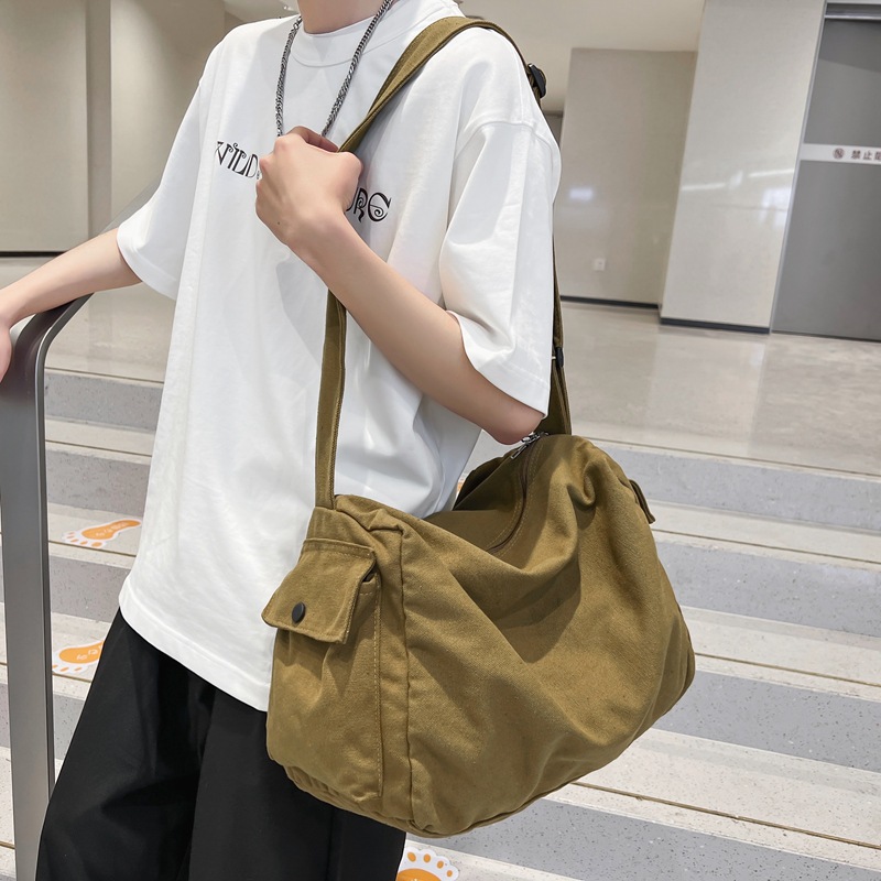 Canvas bag, women's large-capacity retro casual messenger bag, college student class bag, solid-color simple travel single-shoulder bag full figure