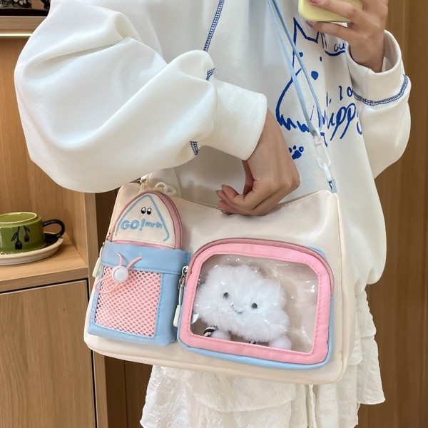 Teenage girl style pain bag, crossbody bag, hand-held baby bag, large capacity, daily casual, student transparent pain bag, Japanese style color-blocking bag full figure