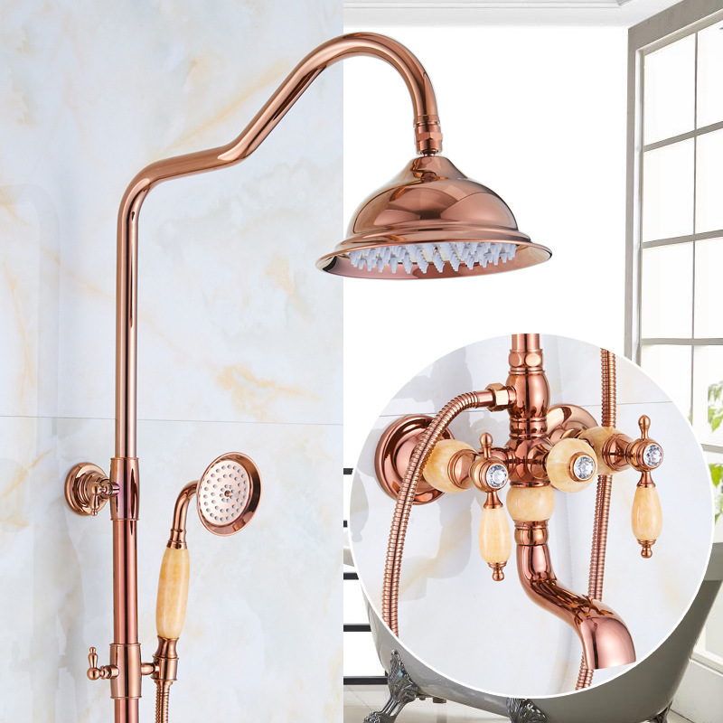 American-style all-copper natural jade rose gold shower head set, European-style antique retro hot and cold water faucet full figure