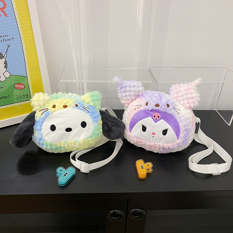 Sanrio Women's 2023 New tie-dyed Kuromi Melody Plush Bag, cute cartoon crossbody bag Specification drawing