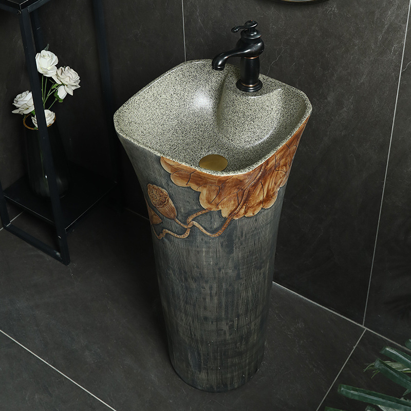 Ceramic one-piece floor-standing column washbasin, retro art, homestay household washbasin, balcony sink column basin Specification drawing
