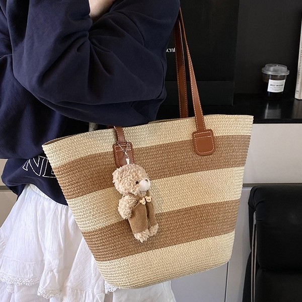 Cross-border single-shoulder bag, straw woven bag, large-capacity tote bag for travel and vacation, simple striped beach and seaside commuting bag details Picture