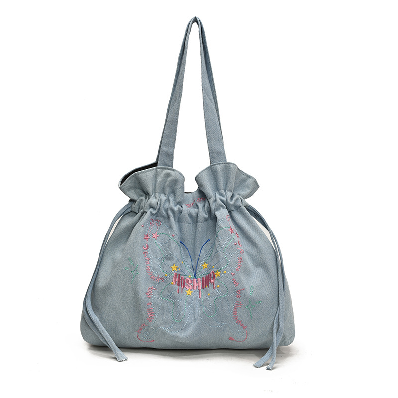 ins exquisite embroidered casual denim small cloth bag, handbag, cosmetics storage, butterfly Spring new single shoulder bag Item Picture