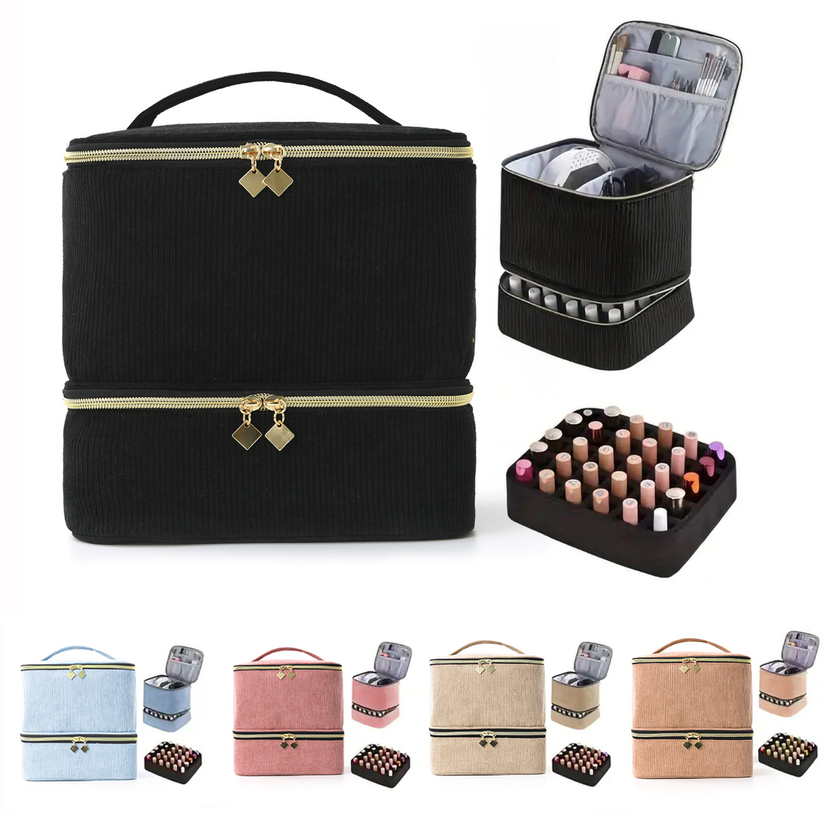 Feihong Cross-border Double-layer Makeup Bag, high appearance level nail polish storage bag, large-capacity corduroy portable makeup bag full figure
