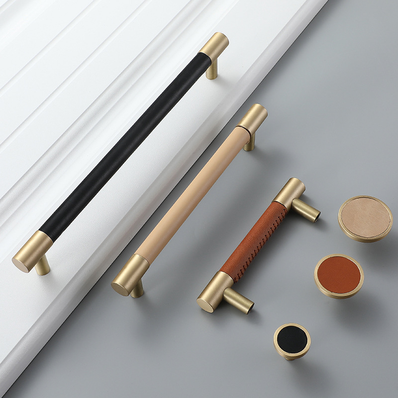 Nordic light luxury brass cowhide cabinet door handles, simple wardrobe drawers, wine cabinets, cabinet leather handles, genuine leather handles full figure