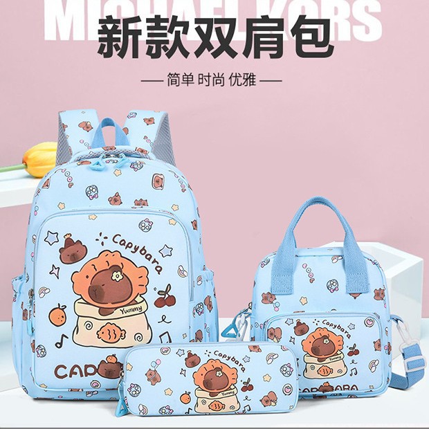 The new Capibara backpack for girls, featuring cute and cartoonish capybaras, is designed for primary school students and children in grades three to six full figure