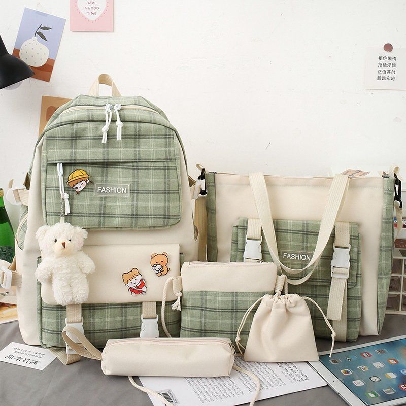 Cute checkered schoolbag for girls, Korean style simple backpack five-piece set, casual Japanese-style backpack manufacturer supply Application Scenario