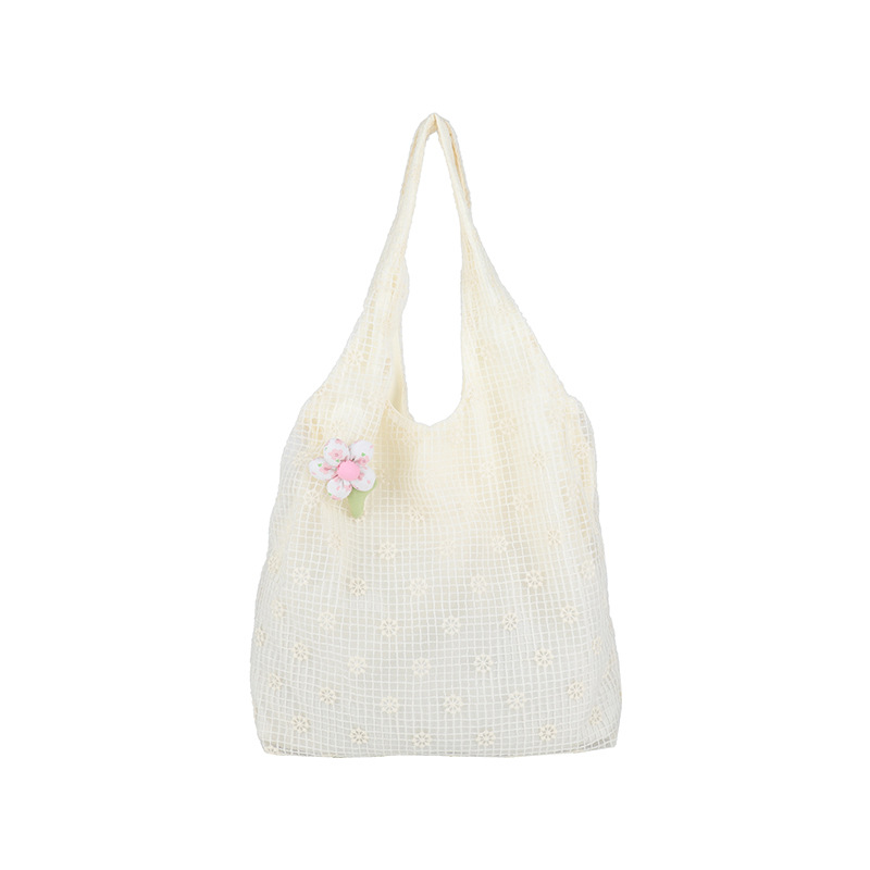 Summer fresh and light tote bag, lace flower embroidered canvas bag, versatile underarm bag, travel and outing single-shoulder bag for women Item Picture