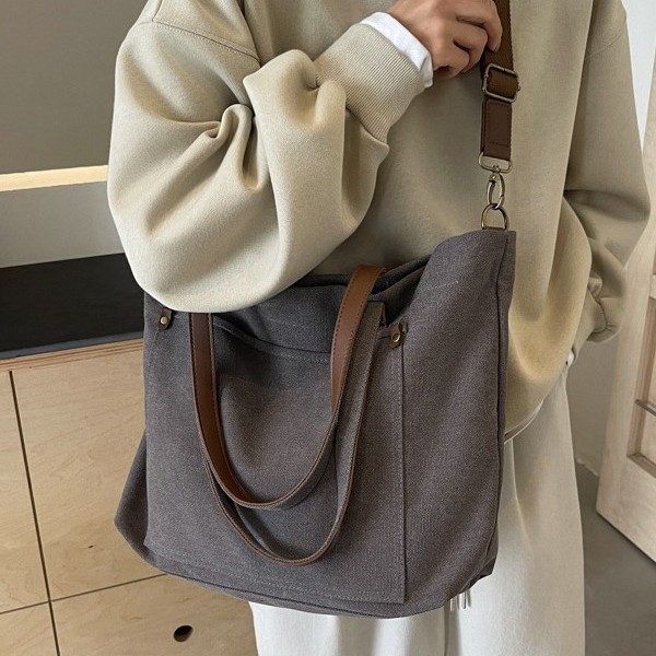 Casual canvas bag, women's single-shoulder crossbody bag, large-capacity Korean version Harajuku handbag, men's simple and versatile tote large bag full figure