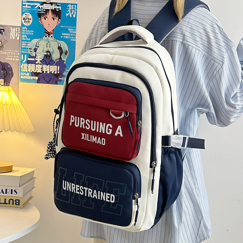 A color-blocking backpack for girls, a Korean version, a large-capacity backpack for high school students, and a versatile travel backpack for junior high school students details Picture