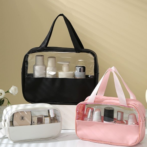 In stock: PVC semi-transparent spliced cosmetic bags, large-capacity bath bags, PU waterproof hand-carry portable travel storage bags full figure
