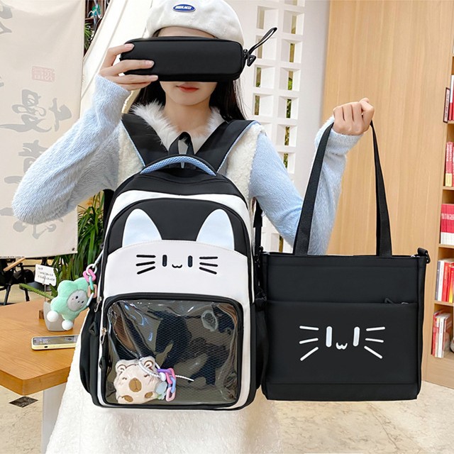 Cute cartoon cat large-capacity schoolbag, soft girl transparent smacking pain bag, backpack for primary and junior high school students full figure