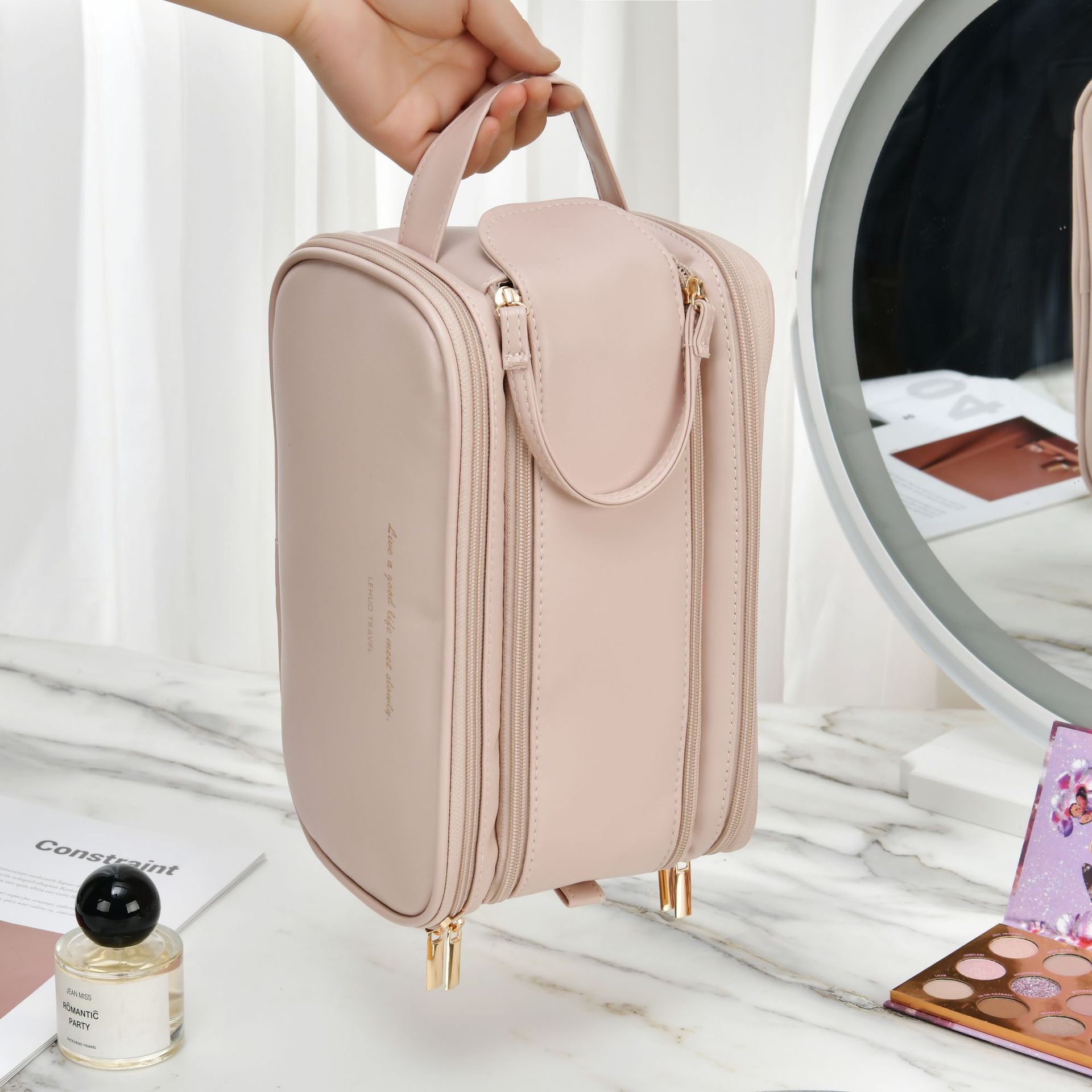 Double zipper women's large-capacity portable 2024 new travel high appearance level Makeup brush and toiletries storage bag Specification drawing