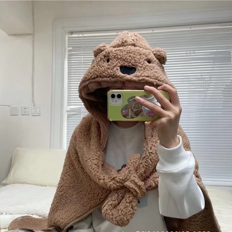 ins cartoon bear shawl cape, thick cape for winter outings, student office nap blanket for women details Picture