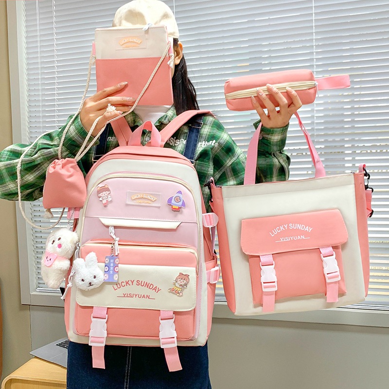 Five-piece schoolbag set, large-capacity backpack for junior high school and senior high school students, fashionable and simple color-blocking casual tutorial backpack for girls details Picture